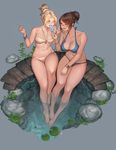  barefoot bikini blonde_hair blue_bikini blue_eyes bracelet breasts brown_hair cleavage cross eating feeding feet food glasses grey_background hair_bun hair_ornament hair_stick highres ice_cream instant_ip jewelry large_breasts legs_together lily_pad looking_at_another medium_breasts mei_(overwatch) mercy_(overwatch) multiple_girls navel open_mouth overwatch partially_submerged plant popsicle popsicle_stick rock round_eyewear scrunchie short_ponytail side-by-side side-tie_bikini sitting smile soaking_feet stomach swimsuit w_arms water white_bikini 
