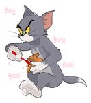  anthro atori blush cat drooling duo feline fur japanese_text jerry_(tom_&amp;_jerry) mammal mouse nude open_mouth rodent saliva simple_background size_difference sweat text tom_(tom_&amp;_jerry) tom_and_jerry toothbrush 