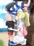  1girl :&gt;= against_wall backpack bad_id bad_pixiv_id bag bangs baseball_cap beach bent_over black_hair black_hat blue_sky breath capri_pants censored clenched_hand closed_eyes cloud day fellatio grey_eyes half-closed_eyes hat hetero highres hood hoodie lillie_(pokemon) long_hair mosaic_censoring ocean open_mouth oral outdoors pants pants_down penis pokemon pokemon_(game) pokemon_sm ponytail shirt short_hair sky spoilers striped striped_shirt sweat swept_bangs t-shirt you_(pokemon) yuguraniru 