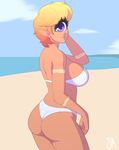  2017 absurd_res bikini breasts butt clothing cyclops female hair hi_res humanoid looking_at_viewer looking_back not_furry pointy_ears purple_eyes short_hair solo souladdicted swimsuit viviana_(souladdicted) 