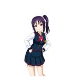  artist_request bangs blush bow breasts hair_bow hands_on_hips kazuno_sarah long_hair looking_at_viewer love_live! love_live!_school_idol_festival love_live!_sunshine!! medium_breasts official_art pleated_skirt purple_eyes purple_hair school_uniform side_ponytail skirt smile solo transparent_background 