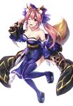  animal_ears betti_(maron) blue_legwear breasts cleavage collarbone detached_sleeves fate/extra fate/extra_ccc fate/grand_order fate_(series) fox_ears fox_tail full_body hair_ornament hair_ribbon highres japanese_clothes large_breasts long_hair one_eye_closed open_mouth pink_hair ribbon simple_background solo tail tamamo_(fate)_(all) tamamo_no_mae_(fate) white_background yellow_eyes 