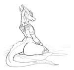  2014 anthro aquatic_dragon armlet big_butt bottomless butt circlet clothed clothing digital_drawing_(artwork) digital_media_(artwork) dragon ear_frills female frill head_frill hi_res horn jewelry line_art looking_at_viewer looking_back monochrome nude pyrexia scalie serpentine-drifter sitting skimpy solo tail_frill 
