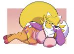  anthro big_breasts breasts clothing curvaceous digimon eyewear female glasses lavenderpandy looking_at_viewer lying nipples on_side renamon sheer_clothing solo translucent transparent_clothing underwear 