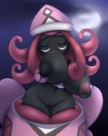  2016 big_breasts black_skin breast_suck breasts cloud elfdrago eyes_closed female hair hi_res humanoid legendary_pok&eacute;mon moon navel nintendo nipples pink_hair pok&eacute;mon pok&eacute;morph pussy self_suckle simple_background sucking tapu_lele video_games 