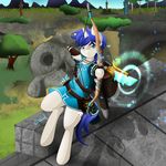  2017 action_pose ancient_arrow arrow blue_eyes blue_hair bow_(weapon) clothed clothed_feral clothing cutie_mark dainoth detailed_background equine fan_character feral hair hi_res holding_object holding_weapon horn horse link looking_at_viewer mammal my_little_pony nintendo pony ranged_weapon sheikah_slate shield simple_background tablet the_legend_of_zelda tunic unicorn video_games weapon 