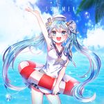  arm_up blue_eyes blue_hair cloud cowboy_shot day dress hat hatsune_miku innertube lifebuoy long_hair looking_at_viewer open_mouth outdoors sailor_dress shina_(sbk951121) sky smile solo taito_four_seasons_figure_(vocaloid) twintails very_long_hair vocaloid water 