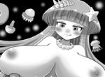  1girl areolae breasts female hair_ornament hairclip huge_breasts licking_lips long_hair looking_at_viewer marono_piyoichi monochrome necklace nipples original pearl sagging_breasts solo upper_body 