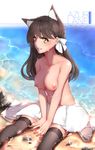  absurdres animal_ears areolae atago_(azur_lane) azur_lane bangs beach between_legs breast_squeeze breasts brown_hair character_name collarbone commentary_request day extra_ears eyebrows_visible_through_hair eyelashes fingernails hair_ribbon hanami_dango_(zzldango) hand_between_legs highres large_breasts lips long_fingernails long_hair looking_at_viewer nail_polish nipples ocean outdoors parted_lips partially_submerged pink_lips pink_nails ribbon sand shiny shiny_skin shore sitting smile solo sparkle teeth thighhighs tied_hair topless towel towel_on_legs v_arms water wet white_towel yellow_eyes 