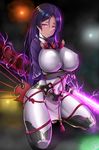  bodysuit breasts covered_navel electricity fate/grand_order fate_(series) full_body highres holding holding_weapon huge_breasts katana light_smile long_hair looking_at_viewer minamoto_no_raikou_(fate/grand_order) purple_eyes purple_hair seiza shiny shiny_clothes shiny_skin sitting solo sword thighs weapon zukky 
