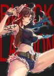  belt black_gloves black_lagoon breasts brown_eyes brown_hair cutoffs denim denim_shorts dual_wielding fingerless_gloves gloves gun handgun holding impossible_clothes large_breasts long_hair looking_at_viewer navel ponytail revy_(black_lagoon) short_shorts shorts solo tamarashi tank_top tattoo weapon 