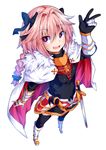  armor astolfo_(fate) boots braid fate/apocrypha fate/grand_order fate_(series) full_body highres ishimu knee_boots long_hair male_focus multicolored_hair otoko_no_ko pink_hair sheath sheathed simple_background solo sword two-tone_hair v weapon white_background white_footwear white_hair 