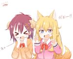 &gt;_&lt; animal_ears blonde_hair blue_eyes blush cardigan claw_pose closed_eyes demon_horns fang gabriel_dropout hair_ornament hand_to_own_mouth highres horns kemonomimi_mode long_hair messy_hair multiple_girls open_mouth pen_ag pink_cardigan purple_hair school_uniform short_hair signature sweater tail tenma_gabriel_white topknot tsukinose_vignette_april white_background x_hair_ornament 