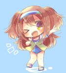  blue_background brown_eyes brown_hair chibi full_body hairband i-26_(kantai_collection) kantai_collection kouu_hiyoyo light_brown_eyes light_brown_hair long_hair new_school_swimsuit one_eye_closed sandals school_swimsuit simple_background solo standing swimsuit two-tone_hairband two_side_up 