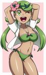  :d arms_up bangs bikini breasts cleavage collared_shirt dark_skin flower green_bikini green_eyes green_hair groin hair_flower hair_ornament hips long_hair looking_at_viewer mao_(pokemon) medium_breasts navel open_clothes open_mouth open_shirt pokemon pokemon_(game) pokemon_sm scott_bennett shiny shiny_skin shirt short_sleeves simple_background smile solo swept_bangs swimsuit teeth trial_captain twintails white_background 