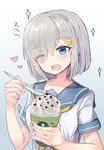  ;d blue_eyes breasts commentary eating grey_hair hair_ornament hair_over_one_eye hairclip hamakaze_(kantai_collection) heart highres kantai_collection large_breasts one_eye_closed open_mouth school_uniform serafuku short_hair short_sleeves smile solo starbucks xenonstriker 