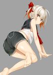  ass barefoot blush bow eyebrows_visible_through_hair feet hair_bow kavka kneeling looking_at_viewer orange_eyes orange_hair original red_bow short_hair shorts silver_hair soles solo toes 