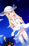  &gt;_&lt; anemone_noa bangs bare_shoulders beach blonde_hair blue_ribbon blunt_bangs blush bow bow_panties braid breasts closed_eyes cloud collarbone collared_dress commentary_request cosmog cowboy_shot dress dress_lift dutch_angle gen_7_pokemon green_eyes groin hat hat_ribbon highres lillie_(pokemon) long_hair looking_at_viewer night night_sky ocean open_mouth outdoors panties pantyshot pink_panties pokemon pokemon_(creature) pokemon_(game) pokemon_sm ribbon sand see-through sky sleeveless sleeveless_dress small_breasts standing star_(sky) sun_hat sundress twin_braids underwear white_dress white_hat 