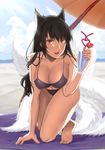  ahri alternate_hair_color animal_ears beach bikini black_hair blush breasts cleavage collarbone covered_nipples crazy_straw day drinking_straw facial_mark flower fox_ears fox_tail heart_straw highres large_breasts league_of_legends long_hair multiple_tails navel ocean open_mouth outdoors slit_pupils solo swimsuit tail tropical_drink wel whisker_markings yellow_eyes 