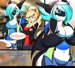  2017 5_fingers animal_humanoid anthro big_breasts blonde_hair blue_eyes blue_hair breast_grab breasts canine cetacean cleavage clothed clothing crossed_arms detailed_background dragon english_text female female/female fox fox_humanoid freckles gradient_hair hair hair_over_eye hand_on_breast humanoid hybrid mammal marine membranous_wings midriff multicolored_hair multicolored_skin navel open_mouth orca penelope rainbowscreen text two_tone_hair two_tone_skin whale wings yukira 