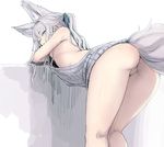  animal_ears areolae ass bee_(deadflow) bent_over blue_ribbon breasts commentary_request fox_ears fox_tail from_behind from_side grey_sweater hair_ribbon kneepits long_hair looking_at_viewer looking_back meme_attire original panties parted_lips ribbon silver_eyes silver_hair slit_pupils small_breasts solo standing sweater tail underwear virgin_killer_sweater white_background 