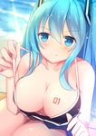  2017 absurdres aqua_eyes aqua_hair blush breasts cleavage dated hatsune_miku highres large_breasts long_hair menghuan_tian smile solo strap_pull swimsuit vocaloid 