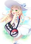  bag bangs bare_shoulders blonde_hair blue_ribbon blue_sky blunt_bangs blush braid breasts cloud collared_dress commentary_request cosmog day dress duffel_bag from_behind gen_7_pokemon green_eyes hair_tie hat hat_ribbon highres in_bag in_container kneehighs lillie_(pokemon) long_hair looking_at_viewer looking_back miy@ open_mouth partial_commentary poke_ball_theme pokemon pokemon_(creature) pokemon_(game) pokemon_sm ribbon see-through sky sleeveless sleeveless_dress small_breasts standing standing_on_one_leg sun_hat sundress teardrop tearing_up twin_braids white_dress white_hat white_legwear 