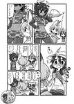  abs animal_ears antlers aurochs_(kemono_friends) bad_id bad_pixiv_id belly_rub blush comic commentary greyscale highres horn_lance horns kaban_(kemono_friends) kemono_friends kotobuki_(tiny_life) lion_(kemono_friends) lion_ears midriff monochrome multiple_girls navel necktie serval_(kemono_friends) shirt shirt_lift short_hair short_sleeves tail toned translated 