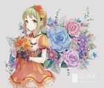  anniversary black_gloves blue_flower blue_rose bouquet character_name detached_collar dress floral_background flower frilled_dress frilled_sleeves frills gem gloves green_eyes green_hair gumi hair_flower hair_ornament hairband holding holding_bouquet kawashima_taro leaf light_green_hair looking_at_viewer number orange_dress orange_flower orange_rose pink_flower pink_rose puffy_short_sleeves puffy_sleeves purple_flower purple_rose red_flower red_rose rose short_hair short_hair_with_long_locks short_sleeves sidelocks smile solo vocaloid wing_collar yellow_flower yellow_rose 
