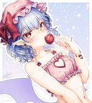  artist_name bat_earrings bat_wings blue_hair bow candy cherry_print cinderella_bust commentary_request earrings food food_print hat hat_ribbon heart_cutout jewelry lollipop looking_at_viewer mob_cap mokokiyo_(asaddr) nail_polish navel pointy_ears red_bow red_eyes red_ribbon remilia_scarlet ribbon signature solo touhou upper_body wavy_hair wings 