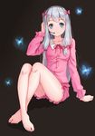  arm_support barefoot black_background blue_eyes bow bug butterfly crossed_ankles crossed_legs eromanga_sensei feet full_body glowing_butterfly grey_hair hair_bow hair_ribbon hand_on_ear headset highres insect izumi_sagiri knees_up legs_together long_hair long_sleeves looking_at_viewer low-tied_long_hair nail_polish pajamas pink_bow pink_nails pink_shirt pink_shorts ribbon shirt shorts sidelocks silver_hair simple_background sitting smile solo toenail_polish tress_ribbon zyl 