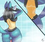  2017 abs anthro backsack balls big_butt black_fur blue_fur butt canine digital_media_(artwork) digitalpelican dripping faceless_male front_view fur hand_on_head hi_res inside lucario male mammal multicolored_fur navel nintendo nude pecs penis perineum pok&eacute;mon raised_tail rear_view shower solo spikes standing thick_thighs tuft video_games water wet wide_hips yellow_fur 