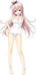  ass_visible_through_thighs barefoot blush bow choco_chip ero_zemi finger_to_chin full_body hair_bow hand_on_hip highres long_hair looking_at_viewer nagaoka_satomi_(ero_zemi) official_art one-piece_swimsuit one_side_up open_mouth pink_hair red_eyes school_swimsuit solo swimsuit transparent_background white_school_swimsuit white_swimsuit 
