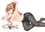  absurdres arm_up armpits black_panties blue_eyes braid breasts brown_hair closed_mouth crotch_seam hair_between_eyes head_rest highres large_breasts long_hair lying navel nipples on_side onceskylark panties panties_under_pantyhose pantyhose polka_dot polka_dot_panties simple_background single_braid smile solo thighband_pantyhose topless underwear underwear_only very_long_hair white_background york_(zhan_jian_shao_nyu) zhan_jian_shao_nyu 