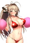  amagi_brilliant_park antenna_hair bikini blush bow breasts brown_eyes brown_hair cameltoe cleavage commentary_request covered_nipples groin hair_bow hair_intakes highres large_breasts long_hair looking_at_viewer motion_blur navel o-ring o-ring_bottom o-ring_top pom_poms ponytail red_background red_bikini sento_isuzu shiba_nanasei simple_background solo swimsuit white_background 