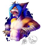  2013 5_fingers anthro blue_eyes blue_hair brown_nose canine drdubyu fox hair male mammal muscular neotheta open_mouth simple_background solo teeth tongue white_background 