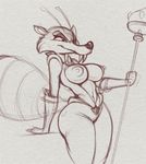  alien antennae big_breasts big_butt breasts butt clothing daxzor fangs hybrid leather mammal melee_weapon polearm rat rodent rubber sabertooth_(feature) scratazon_(ice_age) sketch spear squirrel suit thick_thighs uniform weapon wide_hips 