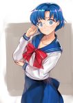  adjusting_eyewear bishoujo_senshi_sailor_moon blue_eyes blue_hair blue_skirt blush bow bowtie collarbone commentary_request cowboy_shot ear_piercing glasses juuban_middle_school_uniform long_sleeves looking_at_viewer mizuno_ami piercing red_bow red_neckwear rimless_eyewear school_uniform serafuku shiba_nanasei short_hair skirt smile solo 