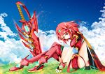  bangs black_gloves blush breasts day fingerless_gloves gloves hair_ornament homura_(xenoblade_2) large_breasts looking_at_viewer looking_to_the_side nature outdoors red_eyes red_hair sarasadou_dan short_hair shorts sitting sky smile solo sword tiara weapon xenoblade_(series) xenoblade_2 