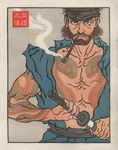  arm_tattoo chest_tattoo fine_art_parody full_body_tattoo japanese_clothes jed_henry katana kiseru male_focus metal_gear_(series) metal_gear_solid nihonga parody pipe sheath smoking snake_tattoo solid_snake solo sword tattoo traditional_media ukiyo-e unsheathing weapon 