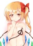  :o blonde_hair blush breasts commentary_request covered_nipples covering flandre_scarlet hand_to_own_mouth haruki_(colorful_macaron) head_tilt laevatein_(tail) looking_at_viewer medium_breasts navel nude red_eyes short_hair_with_long_locks solo tail tail_wrap touhou wings 