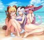  absurdres animal_ears ass baphomet_(monster_girl_encyclopedia) bare_legs bare_shoulders barefoot beach bent_over bikini black_sclera blonde_hair blue_bikini blue_sky borrowed_character breasts claws cloud collarbone day demon_girl demon_tail finger_to_mouth flower glasses hair_between_eyes hair_over_one_eye hat hat_flower highres hooves horn_ornament horns ilassa_(elh) kenkou_cross_baphomet knees_together_feet_apart lilim_(monster_girl_encyclopedia) long_hair looking_at_viewer mari_(maritan) medium_breasts monster_girl_encyclopedia multiple_girls ocean original outdoors parted_lips paws pink_bikini pink_eyes pointy_ears purple_hair red-framed_eyewear red_eyes semi-rimless_eyewear side-tie_bikini sitting sky slit_pupils smile sookmo sun_hat swimsuit tail v very_long_hair white_hair wings yokozuwari 