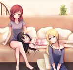  arm_support ayase_eli bad_id bad_pixiv_id barefoot bibi_(love_live!) black_eyes black_hair black_shorts blonde_hair breasts brown_hair closed_eyes collarbone couch cross cross_necklace crossed_legs dress eyebrows_visible_through_hair green_eyes grey_shirt half-closed_eyes hand_on_another's_face head_tilt indoors ivioss jewelry lap_pillow long_hair looking_down love_live! love_live!_school_idol_project lying medium_breasts multiple_girls necklace nishikino_maki on_back open_mouth shirt short_shorts short_sleeves shorts sitting sleeping sleeveless sleeveless_dress smile white_dress yazawa_nico 