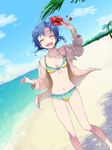  :d antenna_hair arm_up beach bikini blue_hair blush bracelet breasts cleavage closed_eyes day dutch_angle flower frilled_bikini frills grey_shirt hair_flower hair_ornament hibiscus idolmaster idolmaster_(classic) idolmaster_2 jewelry kikuchi_makoto mmyk81 navel ocean open_clothes open_mouth open_shirt outdoors petals red_flower shirt short_hair side-tie_bikini small_breasts smile solo standing swimsuit tree 