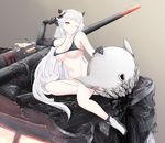 airfield_hime beetarp boots breasts cleavage collarbone high_heel_boots high_heels horns kantai_collection large_breasts long_hair looking_at_viewer one_eye_closed red_eyes shinkaisei-kan sitting smile solo swimsuit white_footwear white_hair 