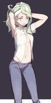  aqua_eyes armpit_peek arms_up closed_mouth cropped denim detexted diana_cavendish expressionless hairband highres jeans light_green_hair little_witch_academia looking_at_viewer mouth_hold navel no_pupils open_clothes open_shirt pants qiongsheng shirt short_sleeves solo third-party_edit tying_hair 