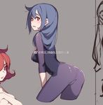  ass blue_hair blush bodysuit breasts bright_pupils contrapposto cowboy_shot cropped_legs dual_persona from_behind hair_between_eyes hair_over_shoulder leaning_forward little_witch_academia looking_back medium_breasts multiple_girls open_mouth qiongsheng red_eyes red_hair shiny_chariot sketch spoilers standing ursula_charistes watermark white_pupils 