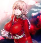  bangs belt between_breasts braid breasts commentary_request fate/grand_order fate_(series) florence_nightingale_(fate/grand_order) gloves large_breasts long_hair looking_at_viewer military military_uniform parted_lips pink_hair red_eyes skirt solo strap_cleavage uniform upper_body white_gloves yurizuka_(sergeant_heart) 
