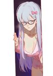  bangs bare_shoulders bespectacled blue_eyes bottomless bow breasts cleavage collarbone commentary_request cowboy_shot eromanga_sensei eyebrows_visible_through_hair glasses gradient gradient_hair groin hair_bow hands_up highres izumi_sagiri large_breasts lavender_hair leaning_forward long_hair long_sleeves looking_at_viewer mature multicolored_hair off_shoulder older open_mouth out-of-frame_censoring outside_border pajamas pink_bow pink_shirt purple_hair red-framed_eyewear red_cucumber shirt silver_hair solo standing 
