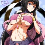  arabian_clothes bangs bare_shoulders black_hair blue_eyes blush bracelet breast_hold breasts character_name commentary_request groin gundam gundam_00 jewelry large_breasts long_hair looking_at_viewer marina_ismail navel o-ring o-ring_top parted_lips runaru shawl sidelocks solo stomach swept_bangs upper_body very_long_hair 